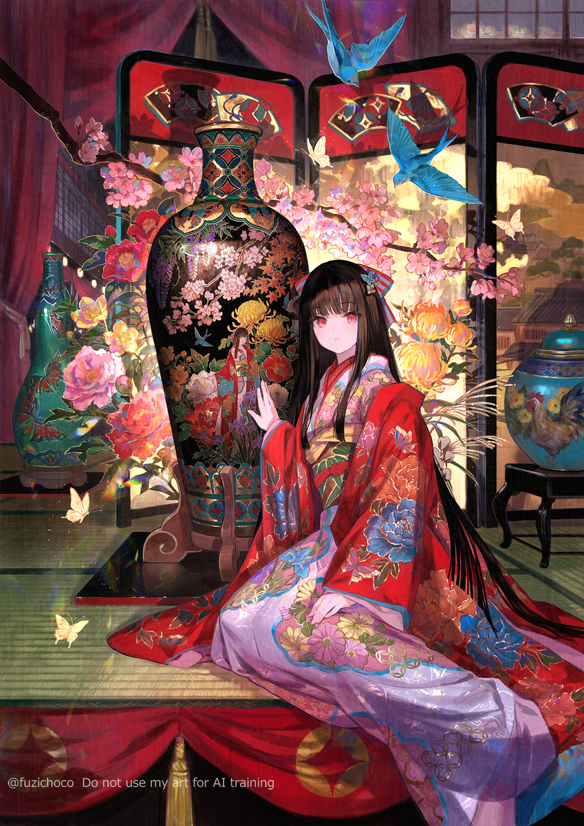 七宝花鳥美人図花瓶